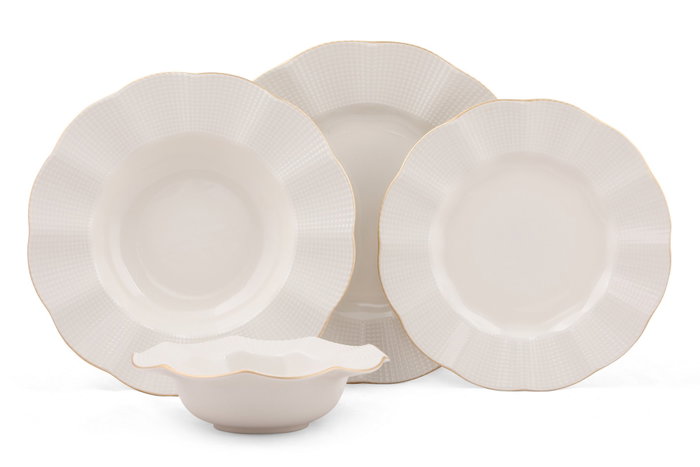 Hermia MLN24Y2694R520 Vajilla de Porcelana 24 Piezas Crema y Dorado Apta para Microondas